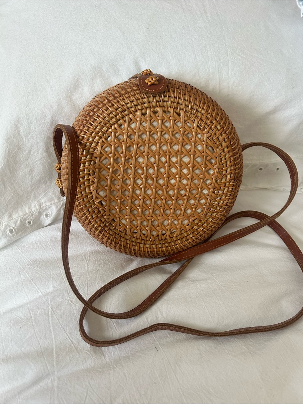 Woven Round Crossbody Bag in Tan